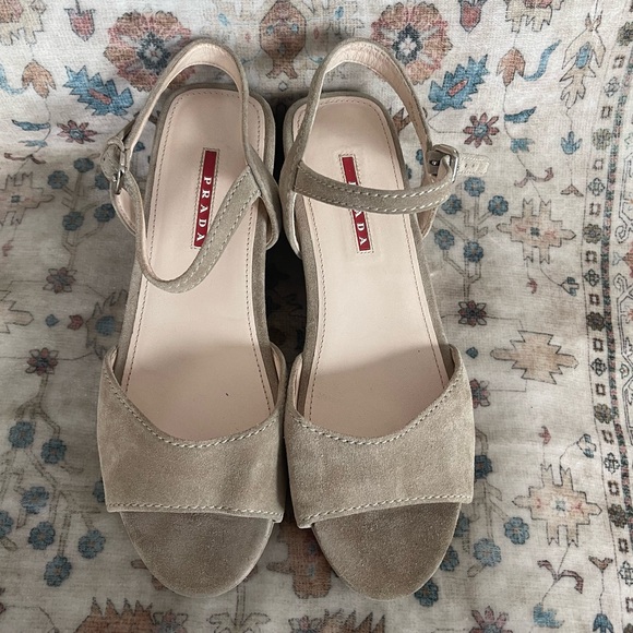 Prada Shoes - Prada Beige Suede Medium Platform Sandals